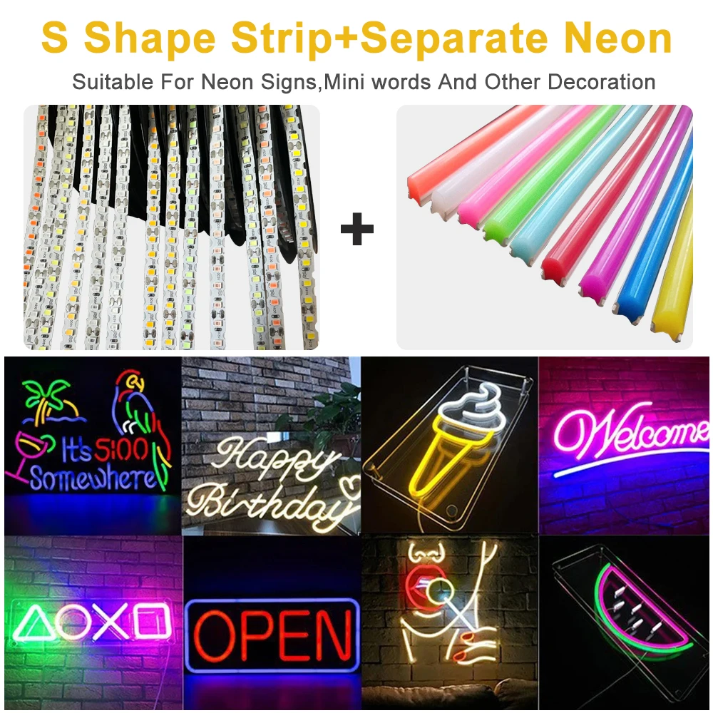 Strip LED 0.5 SMD bentuk S DC 5V 2835 m-10m, lampu senar lipat fleksibel DIY huruf Neon 13 warna dapat ditekuk lebar 6mm