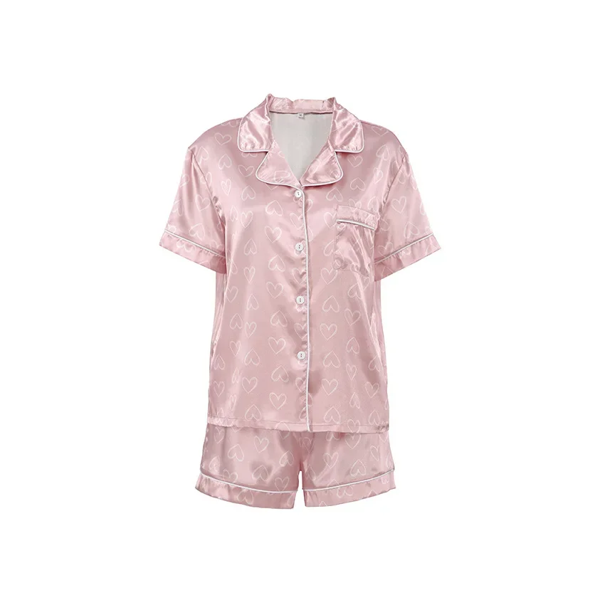 New Satin Pink Heart Print Cardigan Pajamas Two-piece Set Short Sleeve Shorts Ladies Home Clothes