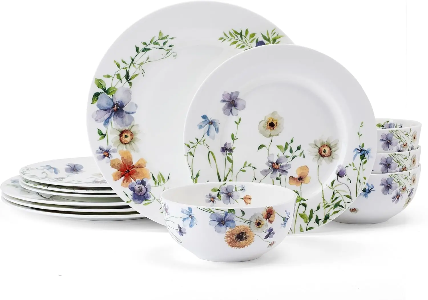 

Audrina Water Color Flowers Bone China Lightweight Chip Resistant 12 Piece Dinnerware Set, Service for 4, White