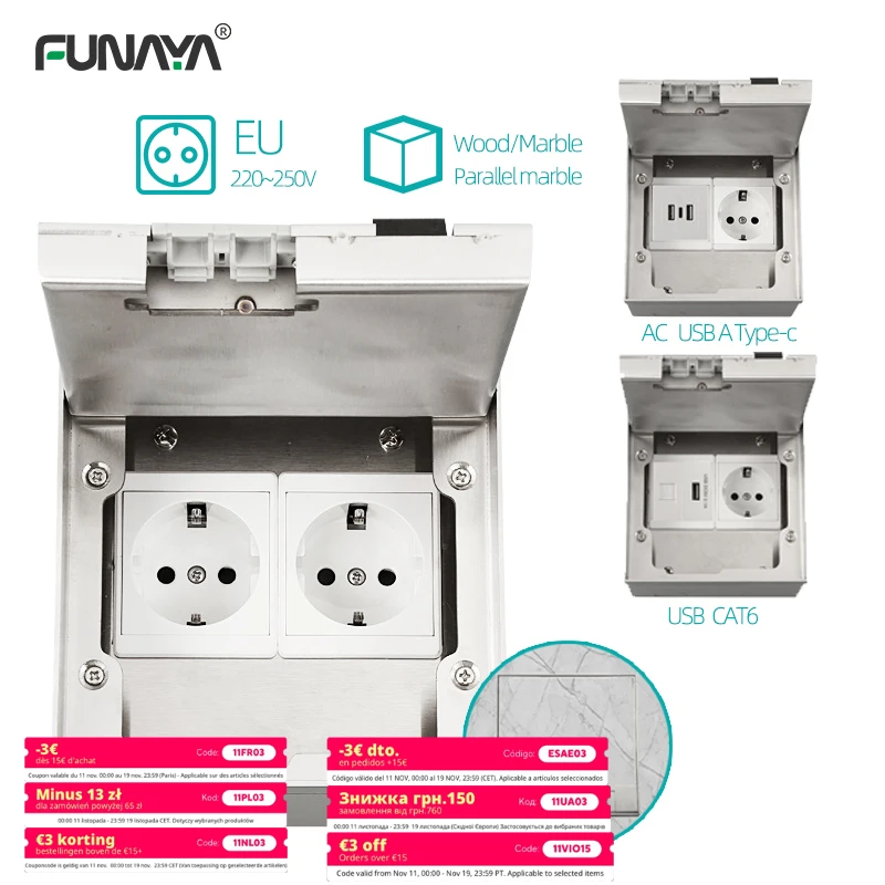 

FUNAYA Flat Stainless Steel Flip Cover EU Built-in Sockets Recessed Embedded Hidden Floor Desktop Power Electrical Marble Socket