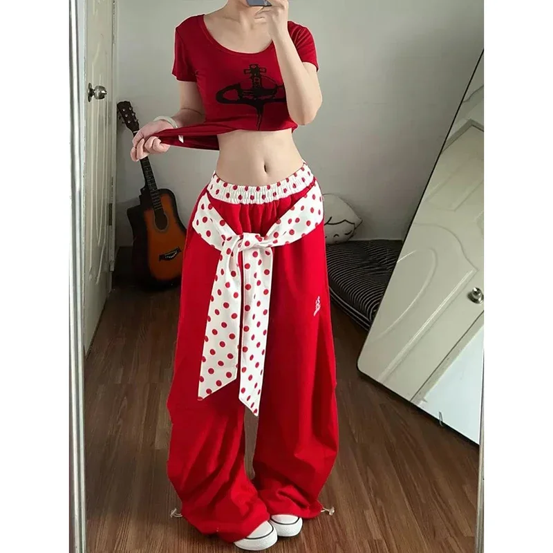 Fashion Y2K Wide Leg Pants American Women Dot Patchwork Casual Female High Waist Pant Fall Loose Streetwear New Red Trousers