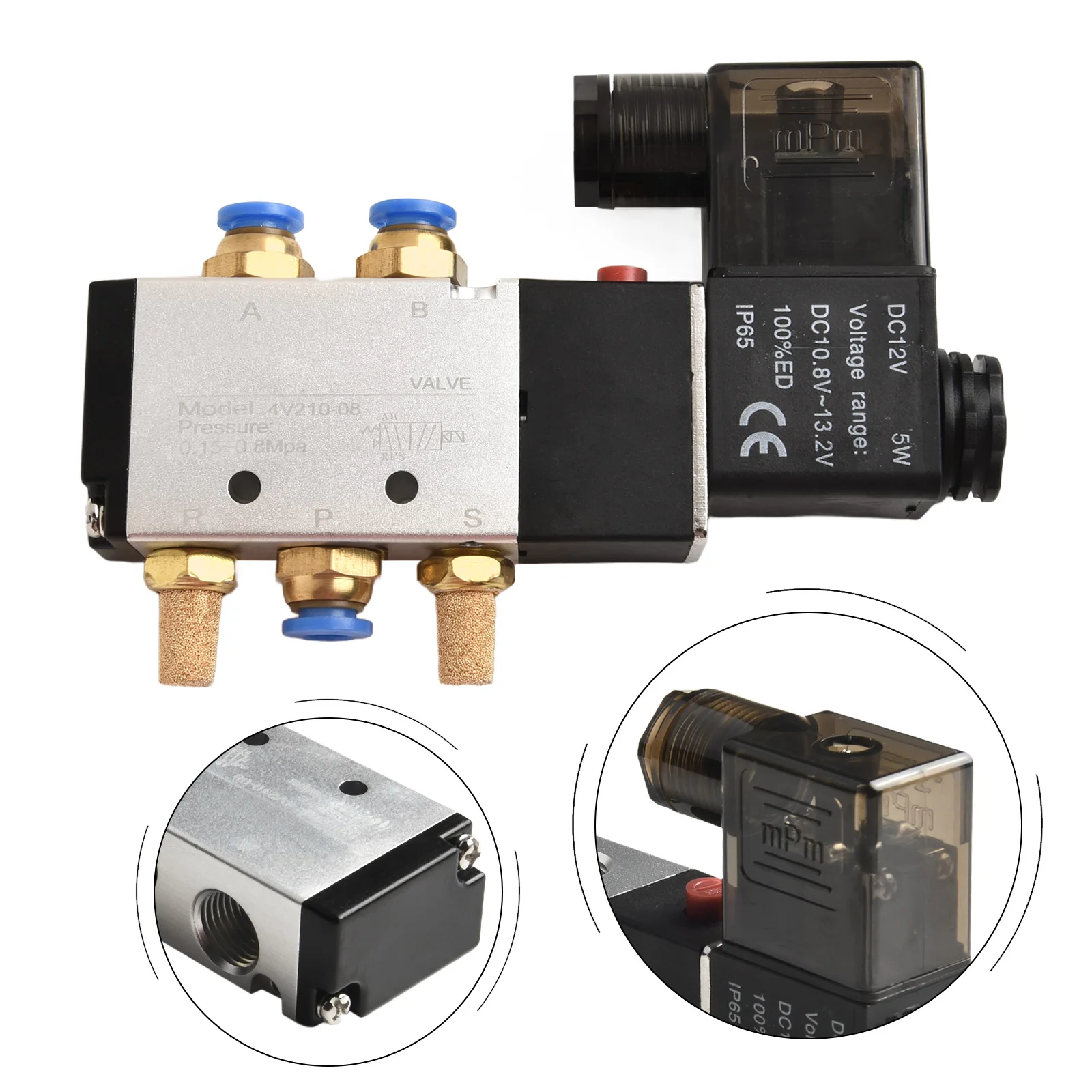 4V210-08 DC 12V Pneumatic Solenoid Valve 5 Port 2 Position Connector 12V 6mm Connectors Plugs Kit Electric Accessories