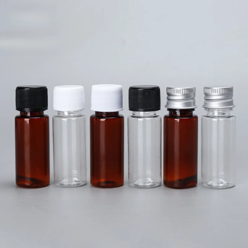 20 مل زجاجة بلاستيكية شفافة بغطاء لولبي وغطاء ألومنيوم ضغط حاوية توزيع كاشف مقاومة للضوء