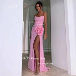 OLOEY Elegant Strapless Pink Evening Dress High Slit 3d Flowers Wedding Party Dress Zipper Back Long Formal Gown Custom Made