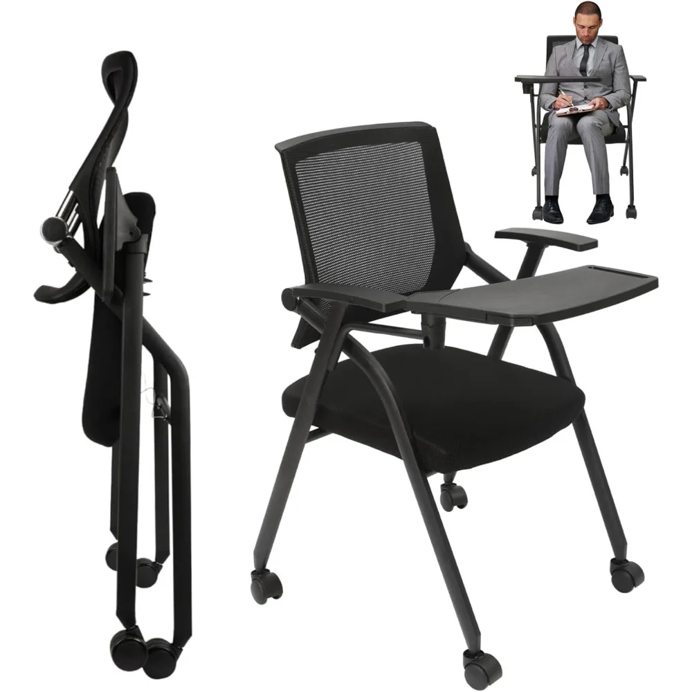 

Tablet Arm Chair with Caster Wheels, Foldable and Stacking Office Reception Guest with Ergonomic Mesh Back and Arms for Meeting,
