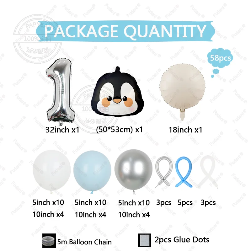 58pcs cute penguin theme Balloon Set with 32inch sliver Numbers for Birthday Party Decoration Supplies Baby Shower gift