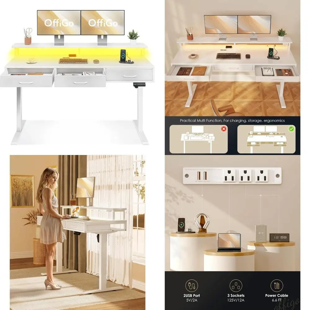 Height Adjustable Electric Desk 63 Inch, Standing Desk with Drawers, Power Outlets, LED Lights, Sit-Stand Table for Home and Off