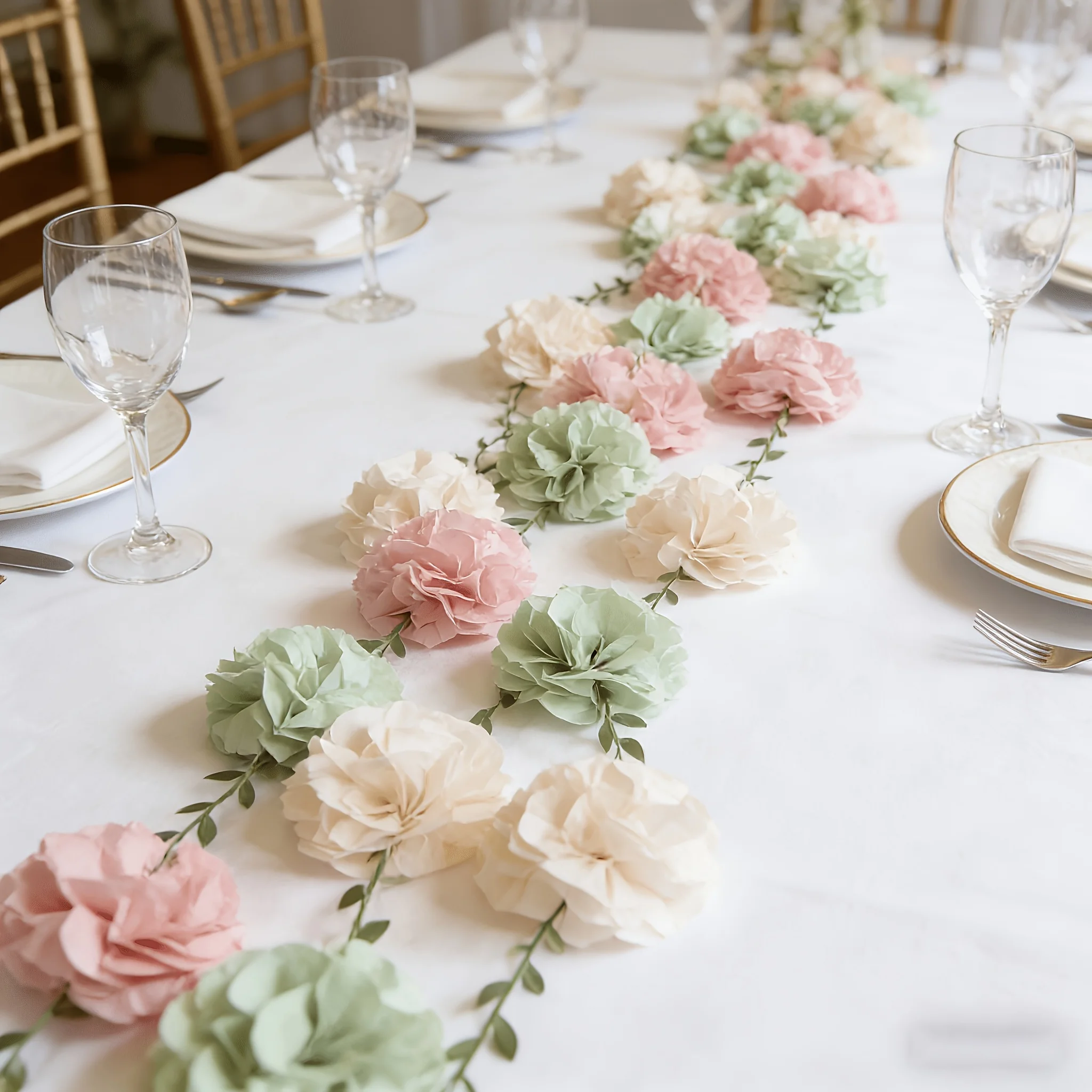 50pcs Faux Paper Flower Table Runner Decor,Birthday,Wedding,Bridal Shower,Engagement,Party Decoration Thin Paper Pom Pom Garland
