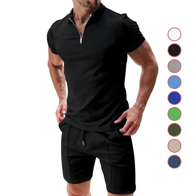 men's short sleeve shorts casual suit new summer waffle solid color casual loose lapel t-shirt suit men