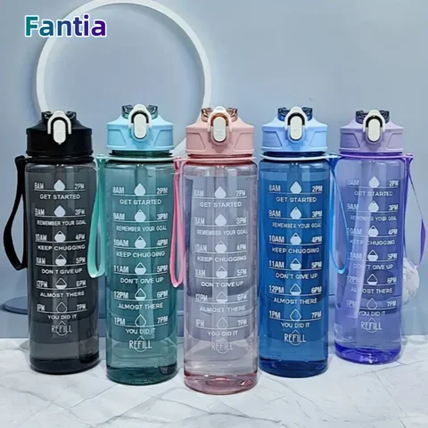 800ml/27oz Large Capacity Sports Water Bottle Leak Proof Plastic Drinking Cup With Time Scale Suitable For Travel Fitness Sports