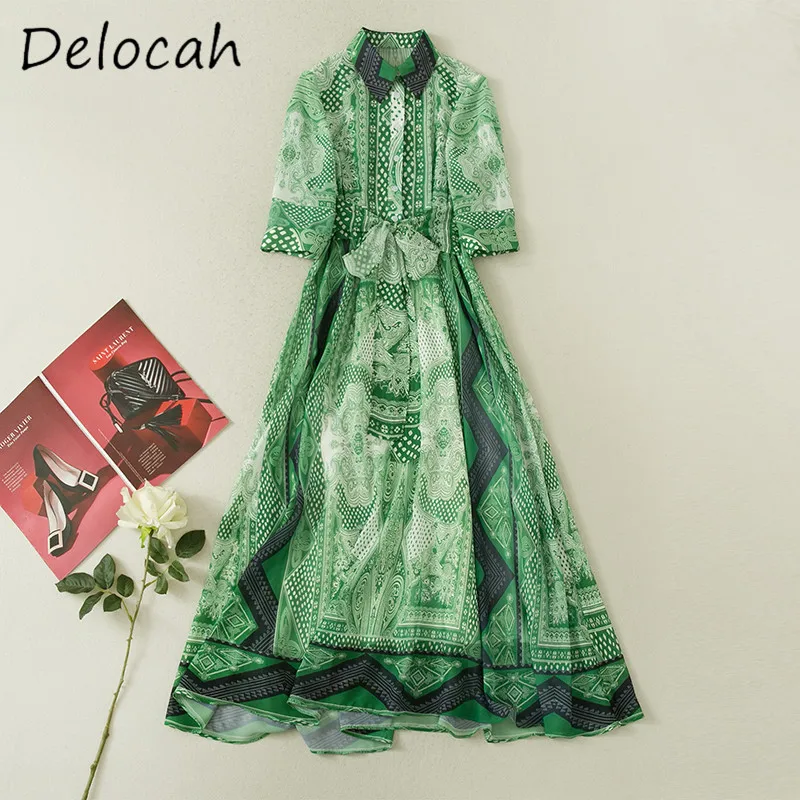 Deloach Primavera/Verano moda mujer cuello abatible solo pecho estampado geométrico con cordones media manga vestido de longitud media