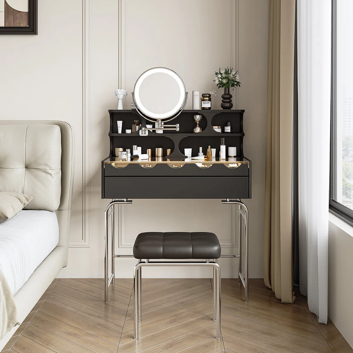 Home Furnishings Wood Bauhaus Vintage Small 60cm Dressing Bedside Table Makeup Mirror For Master Bedroom Small Apartment