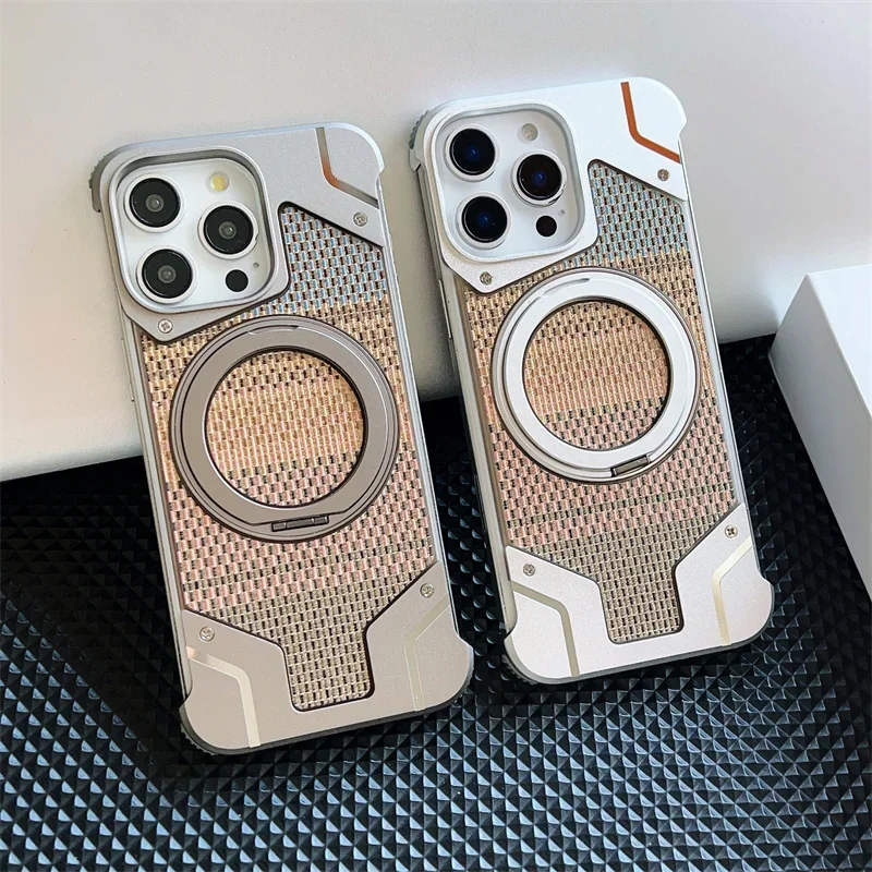 

Aluminum Alloy Frame Magnetic Rotate Holder Case For iPhone 16 13 14 15 Pro Max Plus For Magsafe Frameless Shockproof Cover