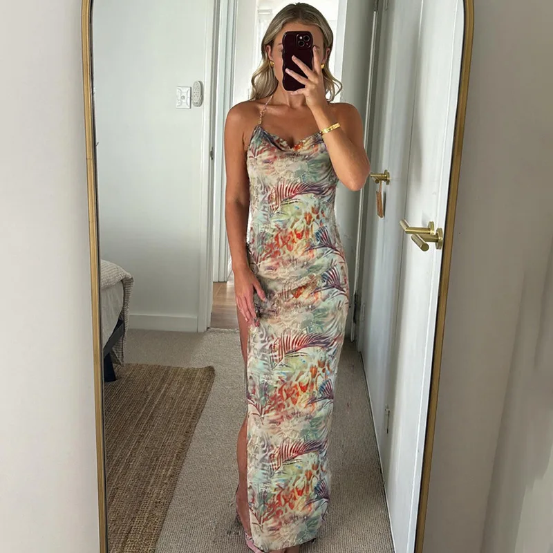 

Летнее платье с распашным воротником на шее, женское платье с цветочным принтом и открытой спиной для отдыха, пляжной вечеринки, классическое элегантное длинное облегающее платье с разрезами