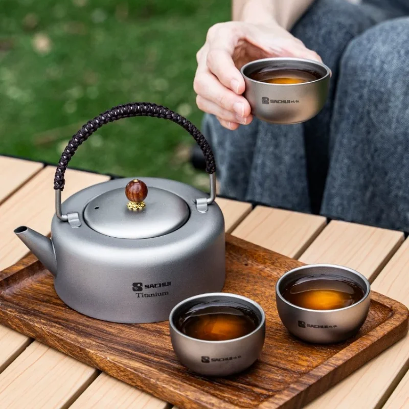 Pure Titanium Tea Kettle Outdoor Boiling Kettle Camping Portable Double Layer Tea Set with Storage Bag