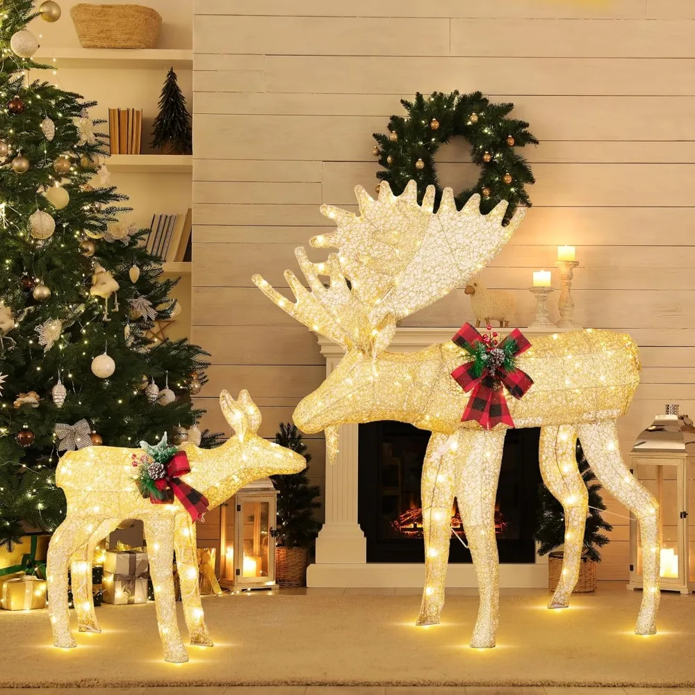 Reindeer Christmas Decorations 2-Piece, 4FT Moose Family Outdoor Christmaas Decorations, Pre-Lit 170 LED Lights Deer W/Stakes