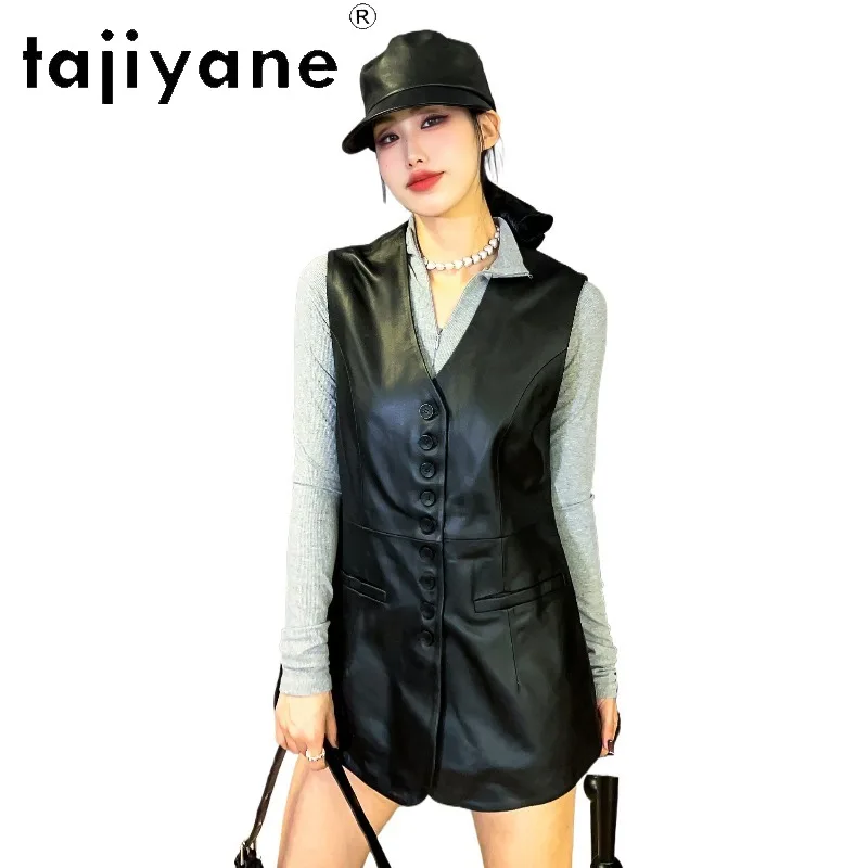 TAJIYANE Genuine Sheepskin Leather Jacket Woman Black Gilet Slim Fit Veste Femme Sleeveless Outerwear Mid Length Leather Vest 자켓