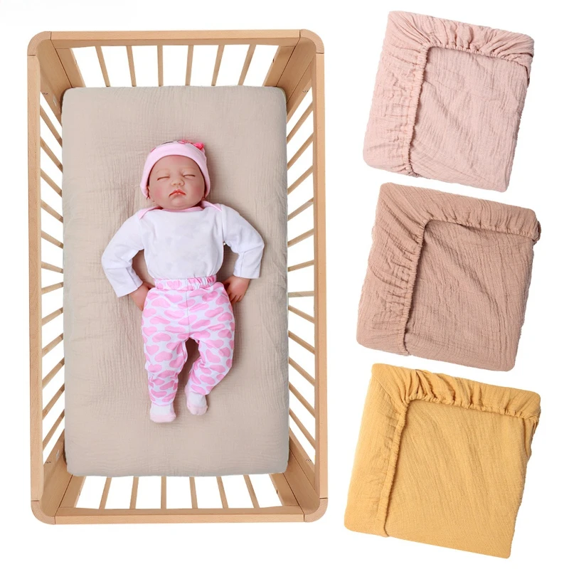 Sábana ajustable para cuna de muselina arrugada de algodón 100% para bebé, suave, transpirable, Color sólido, funda de colchón para cuna de bebé, ropa de cama