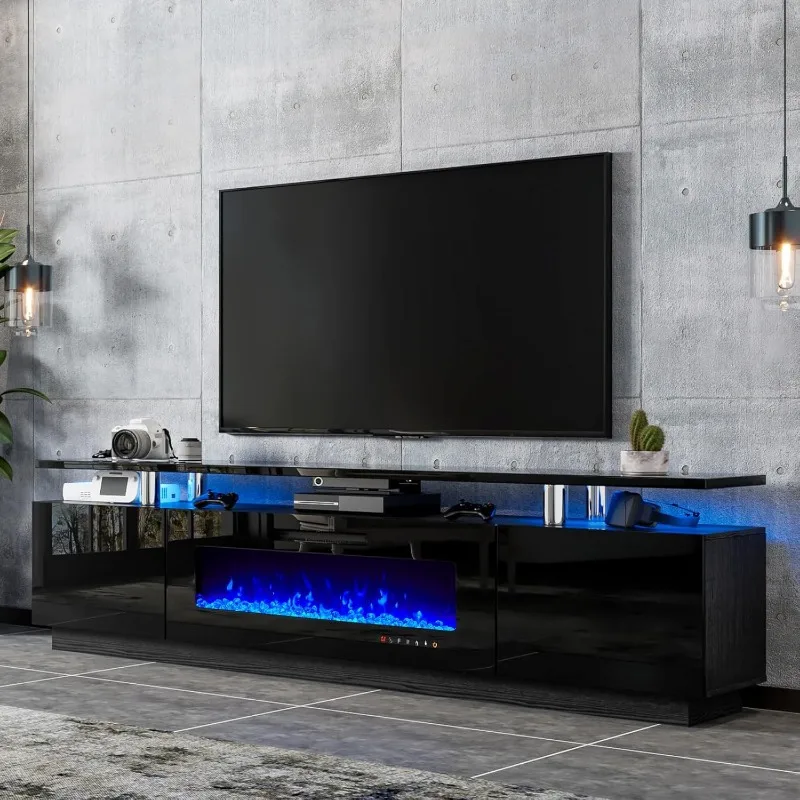 80" Fireplace TV Stand, Modern LED Entertainment Center with 40" Electric Fireplace,High Gloss Finish Media Console with Storage