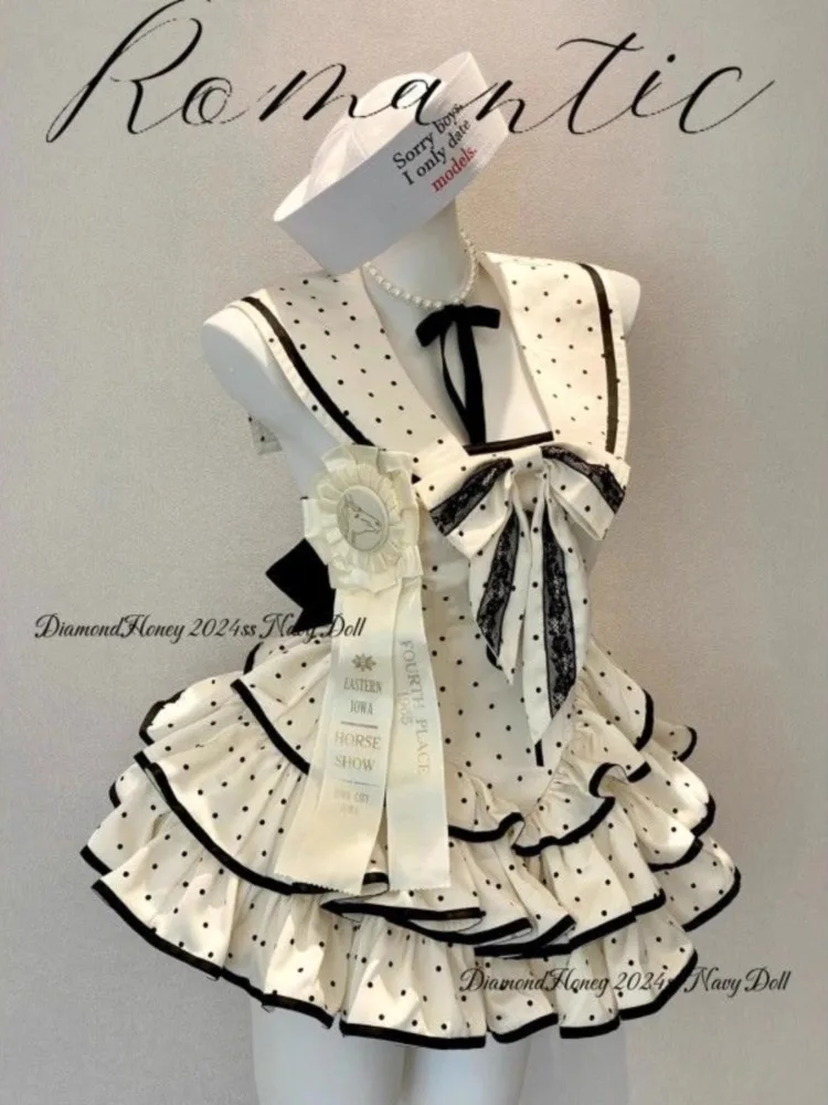 

Sweet Cute Lolita Wave Point Bow Dresses 2025 Summer New Dress for Women Y2k Slim Waist Sailor Collar Vestidos De Mujer