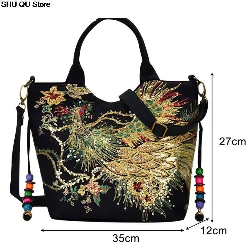 New Peafowl Embroidery Handbags Canvas Top-Handle Large Capacity Exquisite Elegant Bags Shopping Women Crossbody Bag