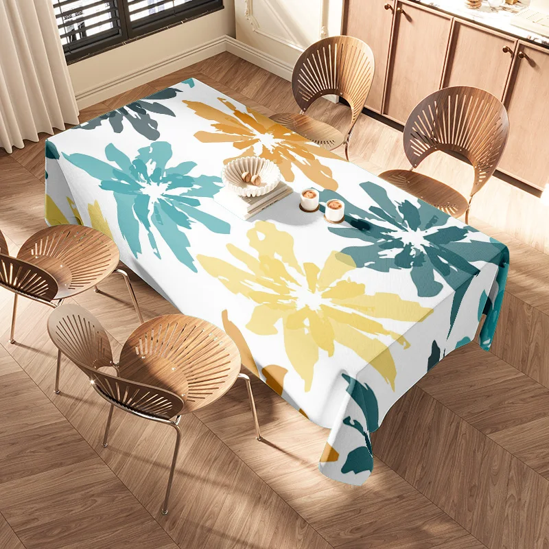 Modern Floral Tablecloth Vibrant Colorful Flower Print Dining Cover for Kitchen Decor (Blue/White/Green) 130x200cm Home Textiles