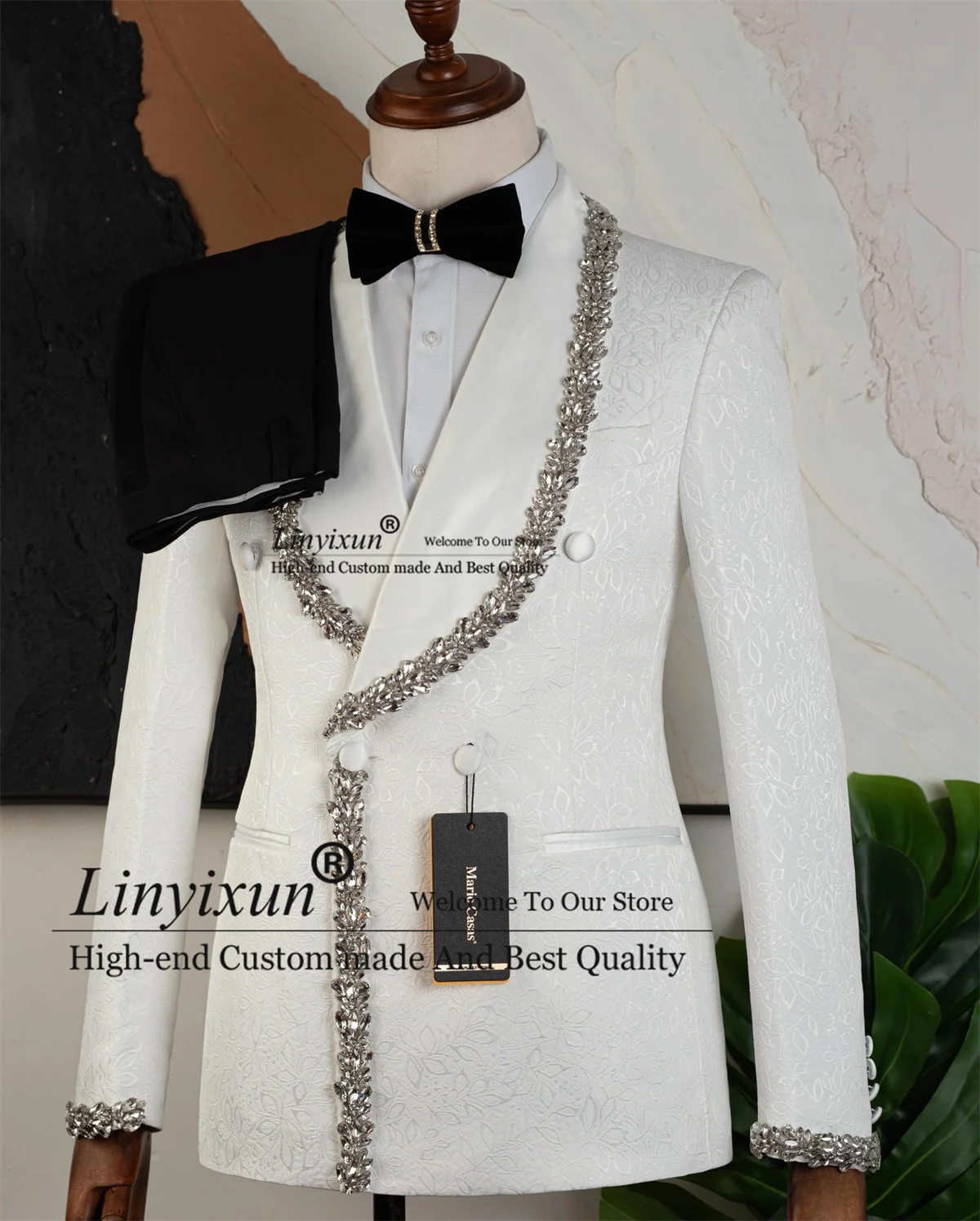 

Мужской костюм с блестящими стразами и жаккардовым узором, индивидуальный пошив, для жениха, на вечеринку, пиджак и брюки, 2 предмета, смокинг, свадебный, приталенный крой, костюм homme