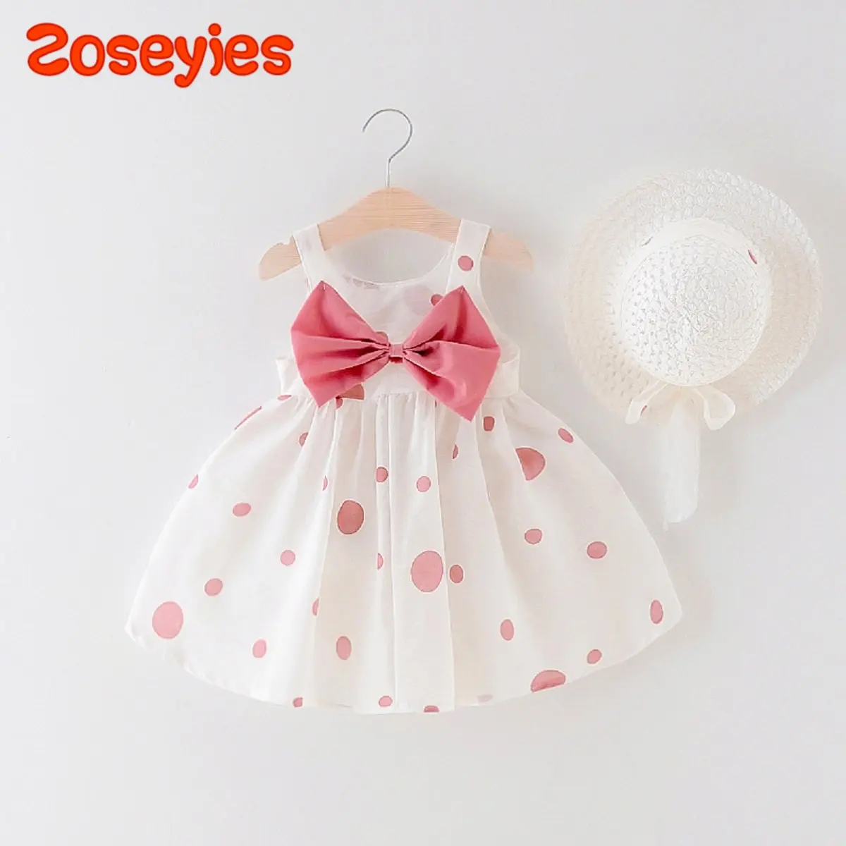 Summer girls' polka dot printed bow dress sweet lovely daily skirt with hat