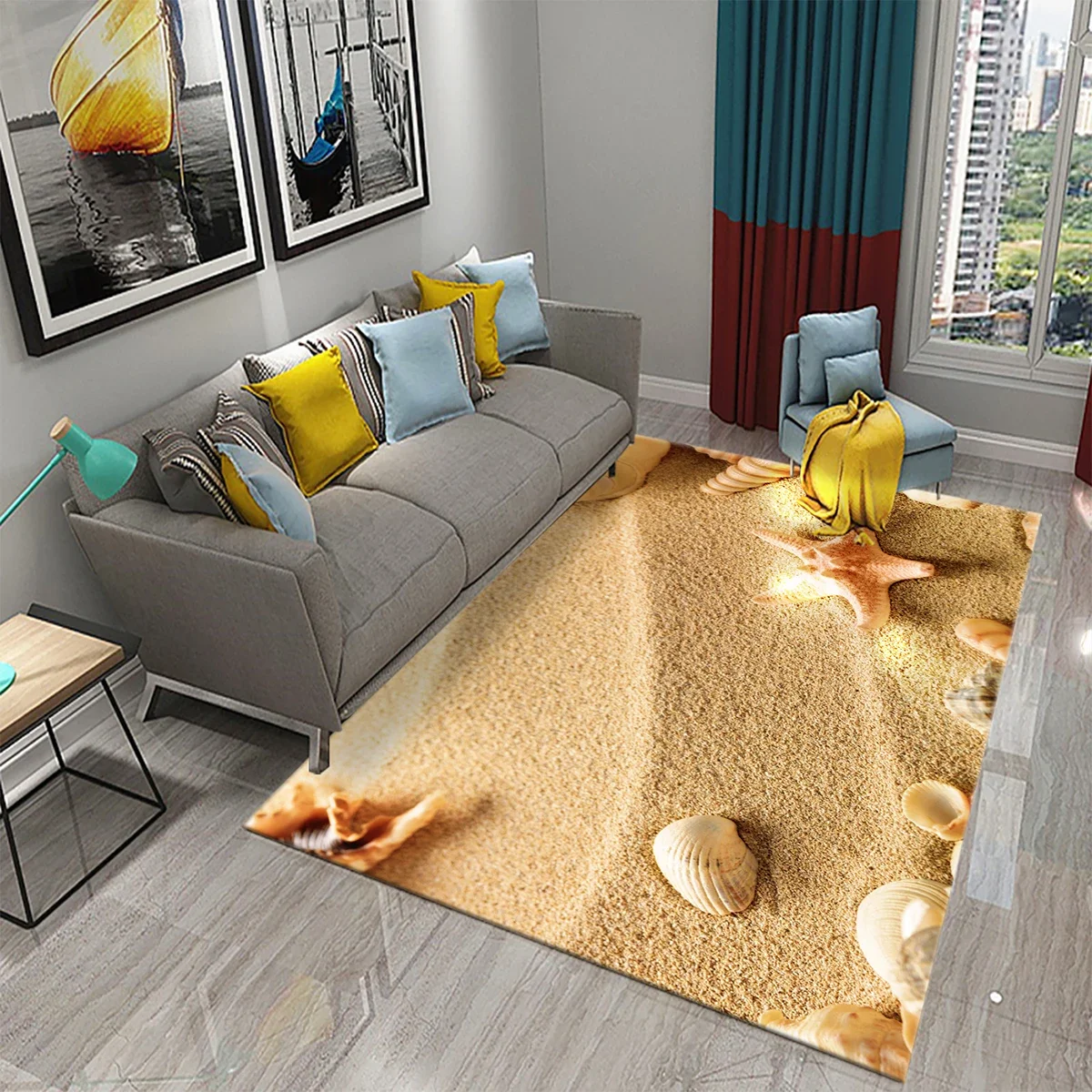 HD-Seaside Sand Carpet Shell Starfish Beach Mat for Bathroom Toilet Entrance Non-slip Area Mats Living Room Kids Bedroom Decor R