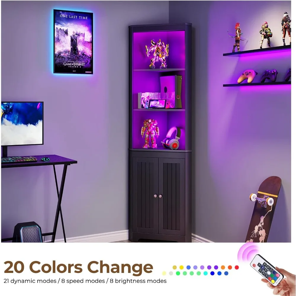 Corner Shelf with LED Light, 5-Tier Storage Cabinet with Doors, Tall Corner Bookshelf Corner Stand for Living Room, Kitchen, Bar