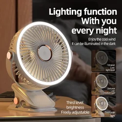 Ventilador de Camping, circulador de aire portátil de escritorio recargable, ventilador eléctrico de techo inalámbrico con luz LED, ventilador para el hogar con Clip