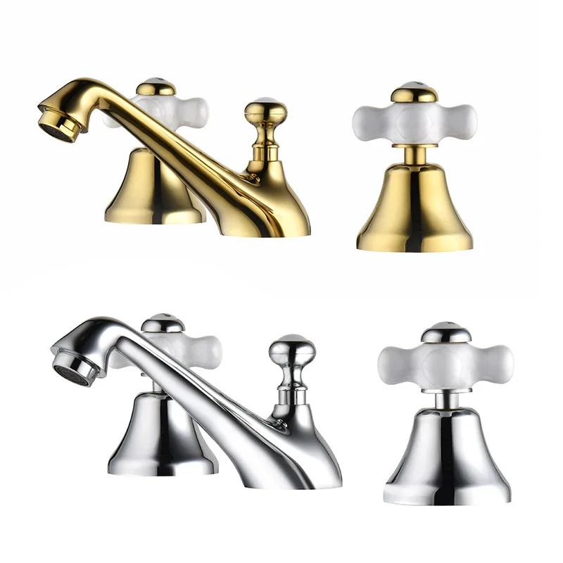 Luxury Gold Brass bathroom sink faucet 3 Holes Hot cold water Hand Basin Tap Top Quality Artistic Golden washbowl faucet Newest