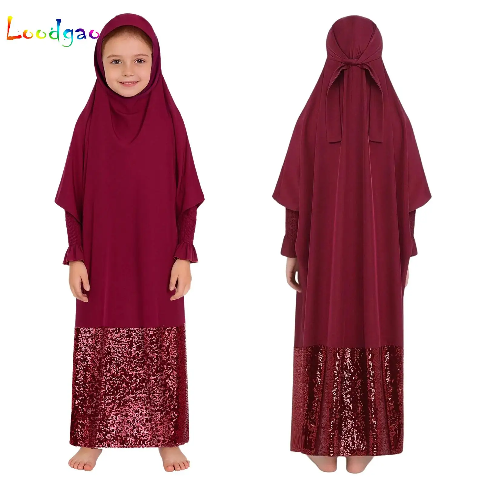 

Eid Ramadan Muslim Kids Girls Hijab Dress Sequin Batwing Sleeve Full Cover Hooded Khimar Abaya Prayer Garment Islamic Clothing