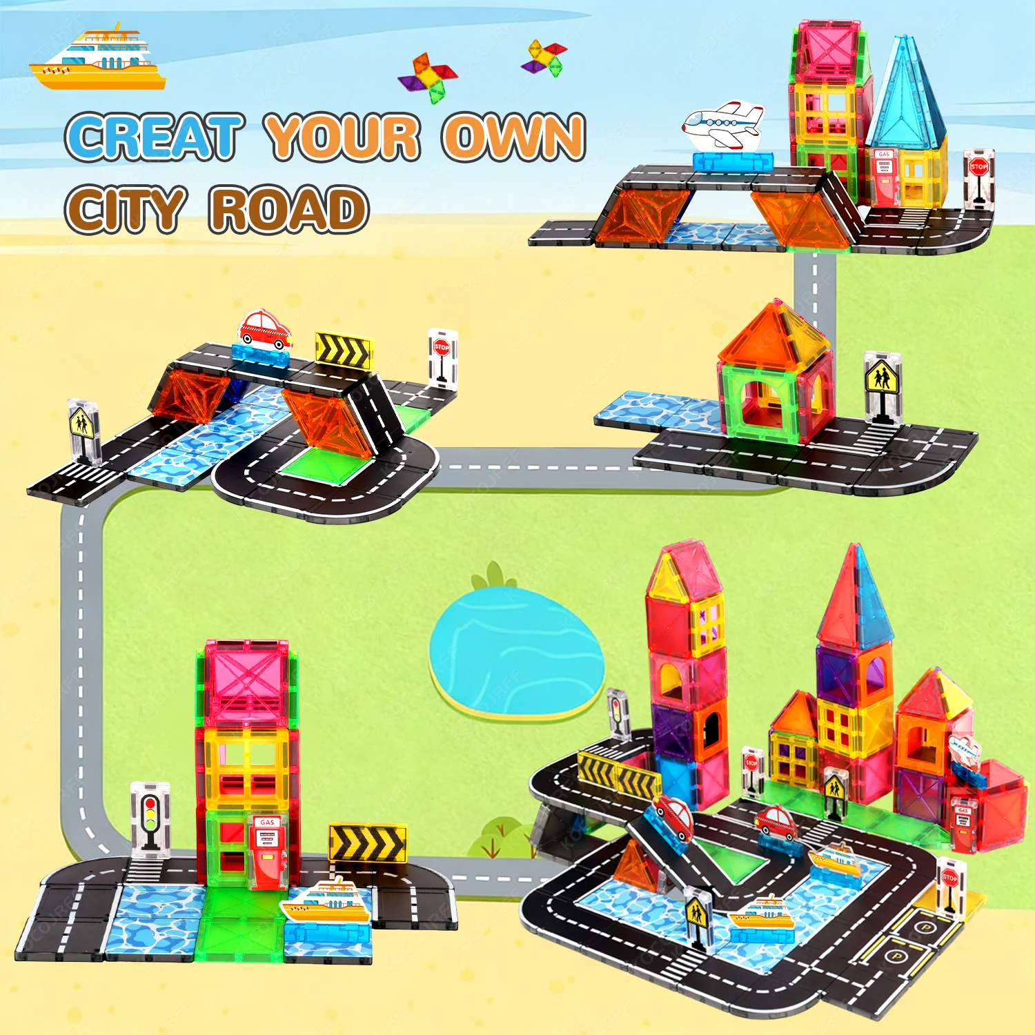 Afbeelding 3: Magnetische bouwstenen Speelgoedwegbaan Klein formaat, auto's, schepen, vliegtuigen, creatief constructiespeelgoed, kindercadeaus