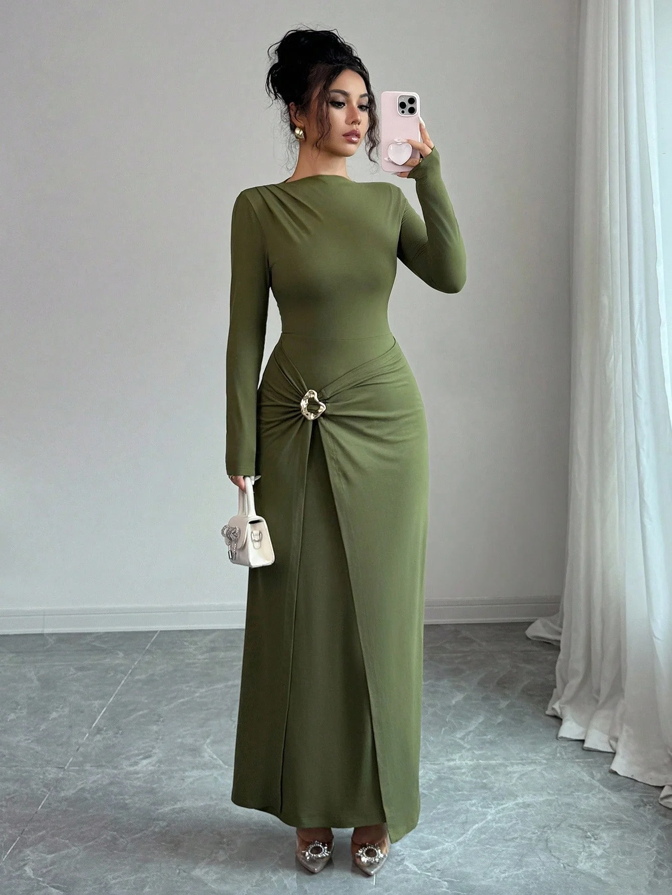 Lente en herfst nieuwe modieuze Franse stijl effen kleur lange jurk