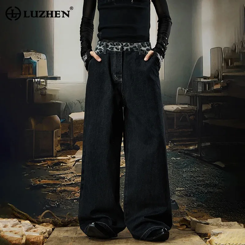 LUZHEN New Leopard Print Brushed Waist Splicing Design 2026 Straight Denim Pants Men's Fashion Handsome Street Male Jeans JY9167