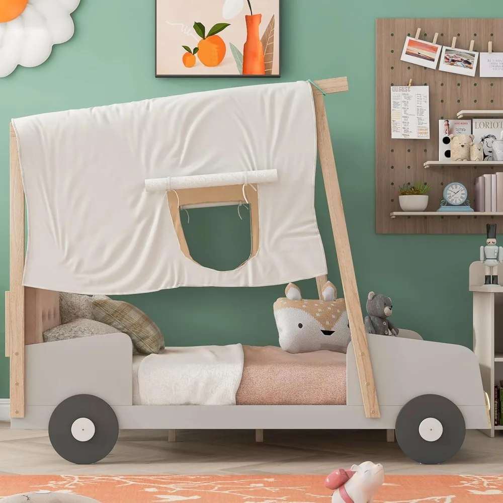 Designs Full Size Kids Car Bed with Pillow, Ceiling Cloth and LED Light, Full Playhouse Bed Frame, Wood Full Platform Beds