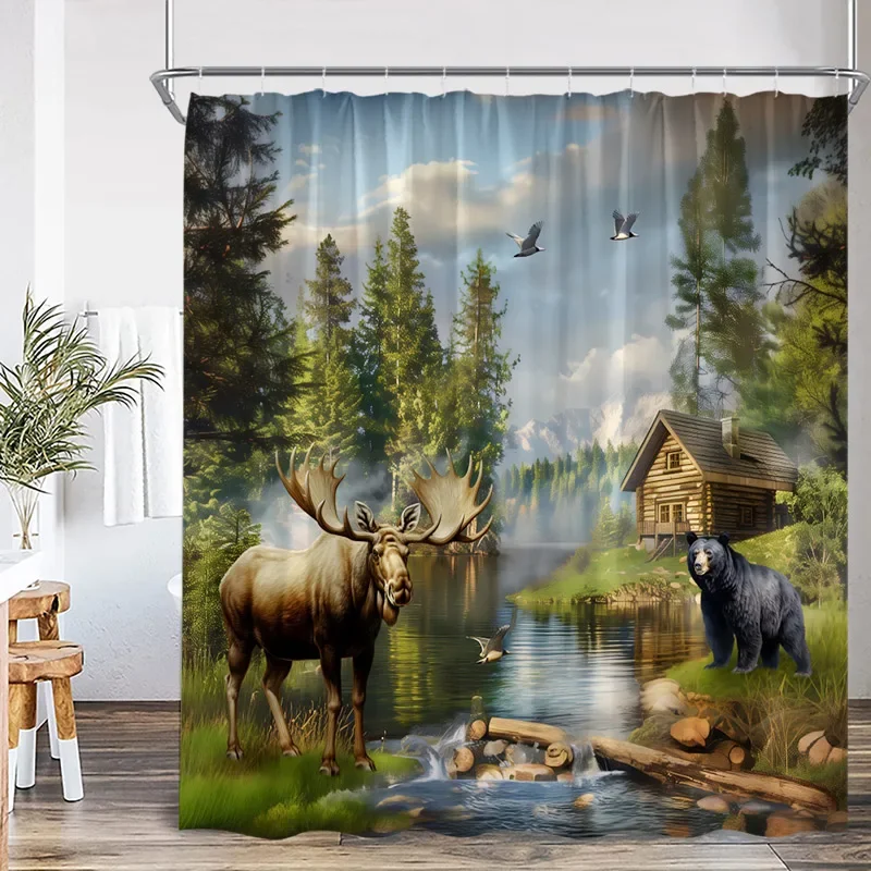 Autumn Rustic Landscape Shower Curtains Cabin Forest Lake Moose Bear Wild Animals Bath Curtain Home Bathroom Decor with Hooks