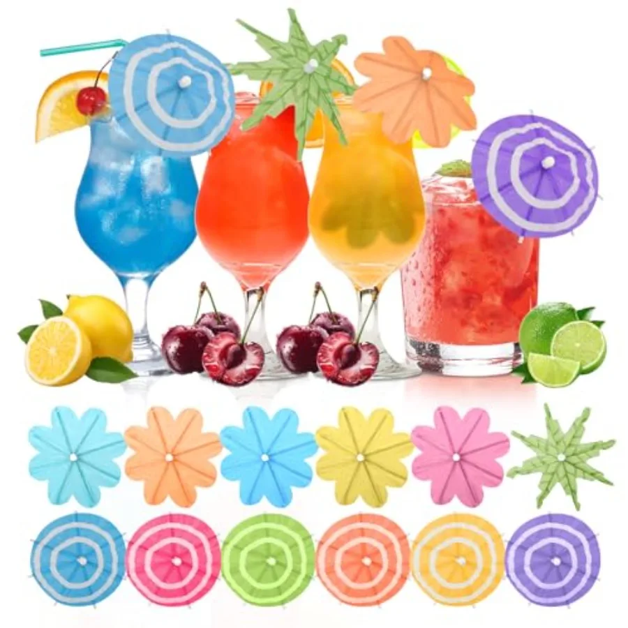 150 PCS, 3 Styles Cocktail Umbrellas Picks, Mini Drink Umbrella Toothpicks, Tiny Paper Parasol for Tropical Tiki Hawaiian Luau