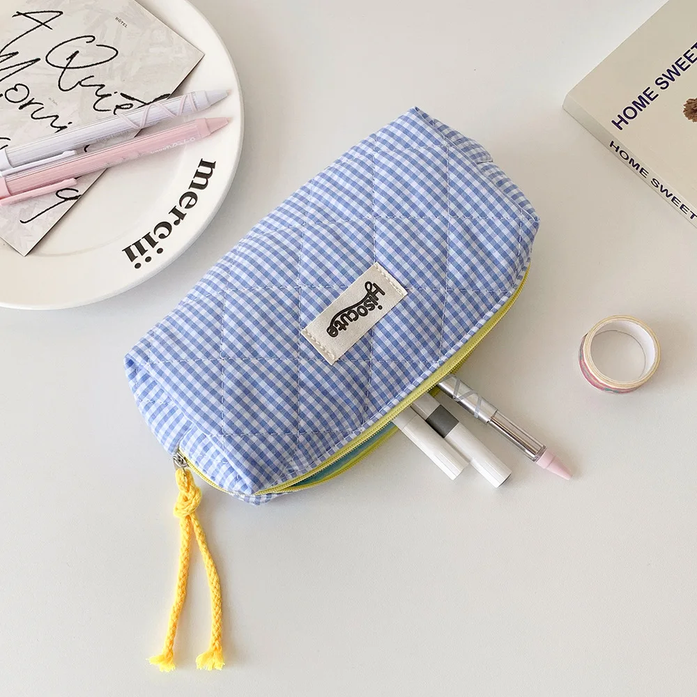 Astuccio per matite a quadretti con blocchi di colore, borsa per cancelleria per ragazze, cosmetici di grande capacità e borsa per riporre oggetti vari