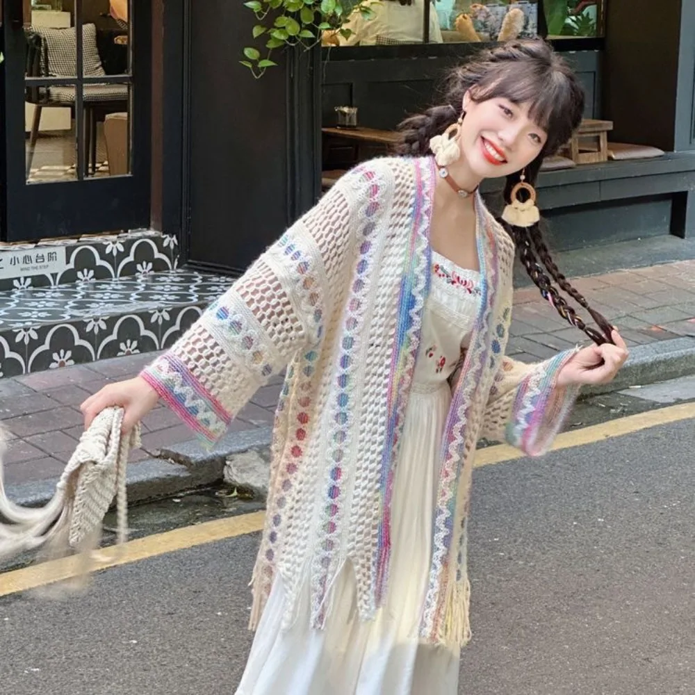 

Fashion Colorful Ethnic Style Shawl Wave Stripe Coat Knitted Shawl for Women Patchwork Top Sunscreen Scarves Travel