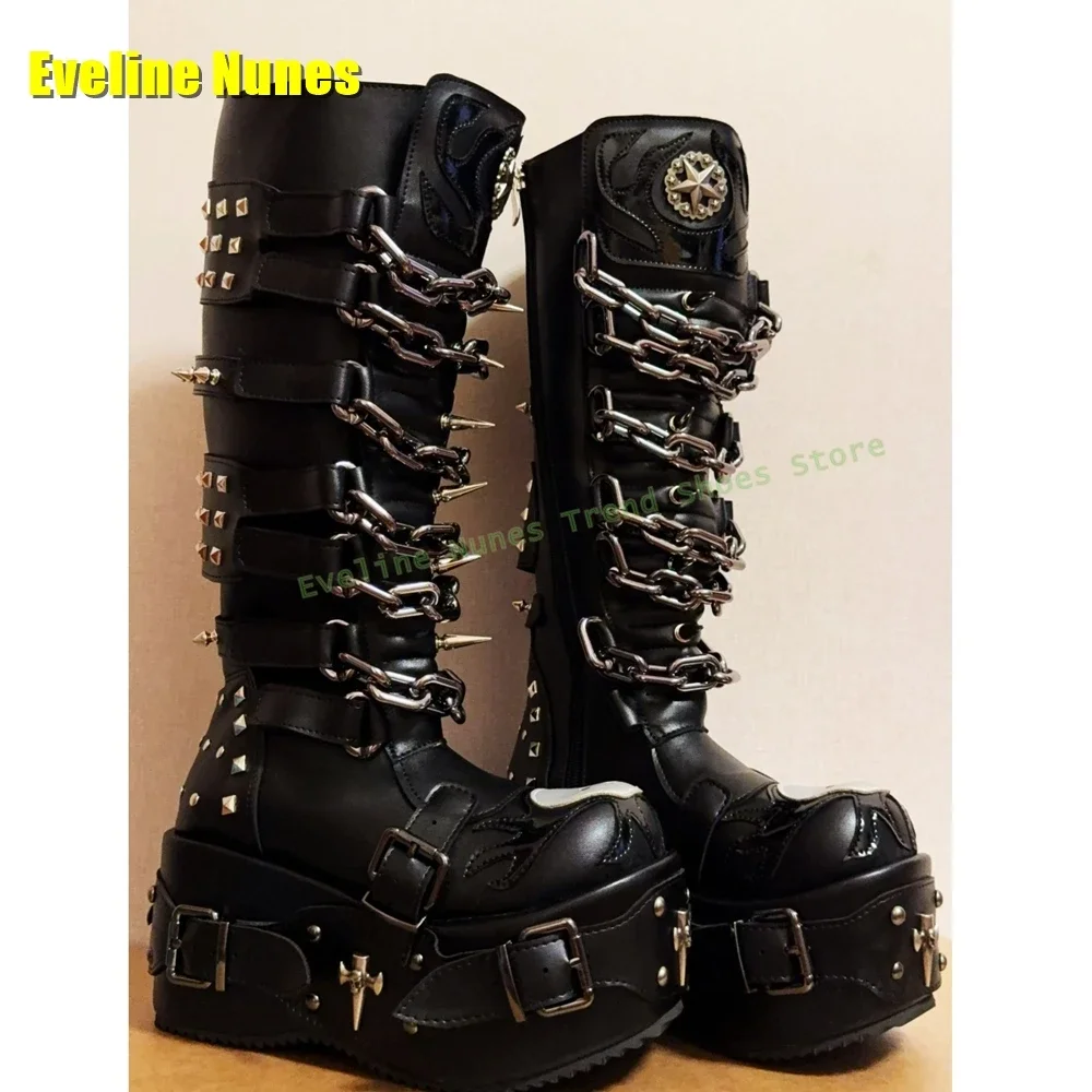 Punk Cyberpunk Motorcycle Boots Metal Chain Rivet Platform Boots Round Toe Thick Sole Belt Buckle Patchwork Heavy Work 2025 Dark