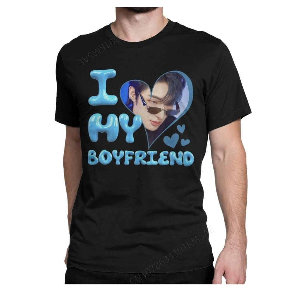 I Love My Boyfriend Mingi ATEEZ Kpop T Shirts Men's  Cotton T-Shirts Round Collar Tees Short Sleeve Clothing Plus Size