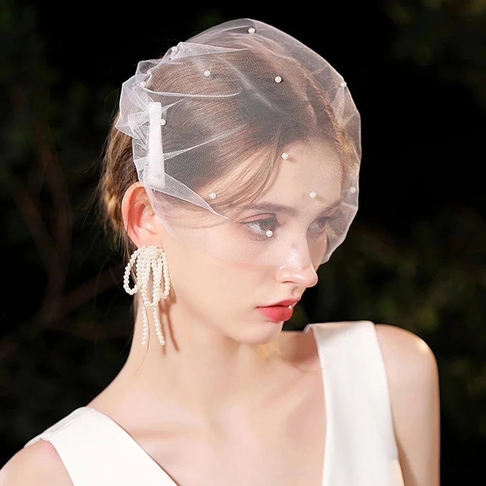 Witte Bruidshoofddeksels Feestdecoratie Accessoires Bruiloft Hoofdtooi Tule Strik Met Parels Cadeau Mesh Strik Haarspeldjes