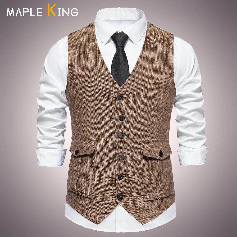 

Double Pocket Suit Vest for Men Herringbone Waistcoat Mariage Homme Business Formal Sleeve Jacket Mens Colete Social Masculino