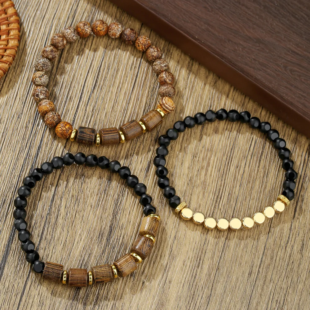 3Pcs/Set Men's bohemia layered wooden beaded bracelet set for men ethnic weathered onyx bracelet man jewelry
