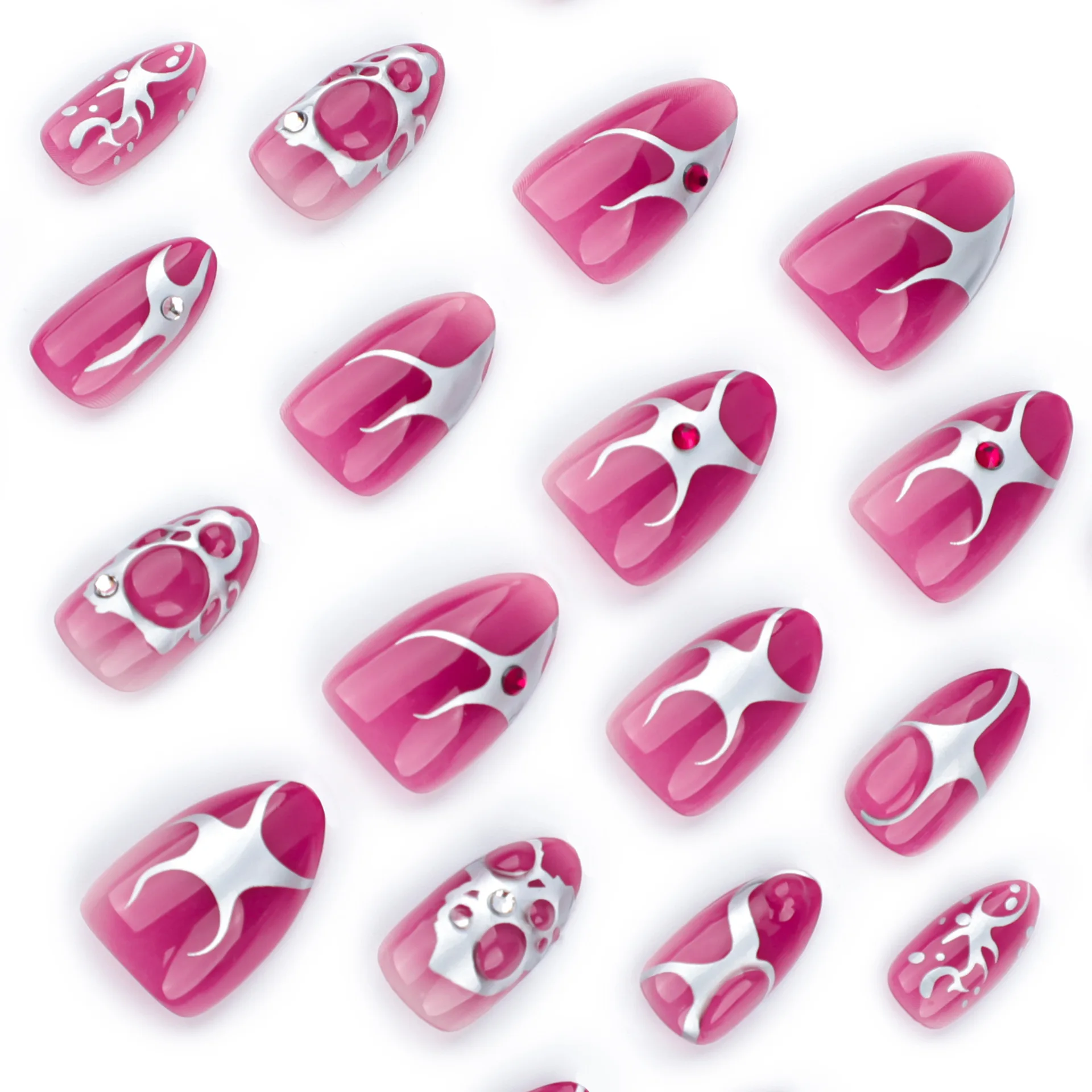 24pcs Short Almond Press on Nails Hand paint Sliver Flame Punk Cool Style False Nails Wearable European Heavy Metal Fake Nails