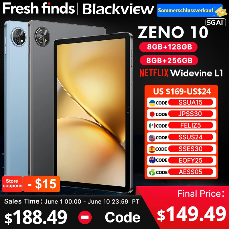 World premiereBlackview Zeno 10 5G AI Tablet 11-inch FHD+ 90Hz Display Widevine L1 Quad Speakers 8800mAh Android 15 Pad PC