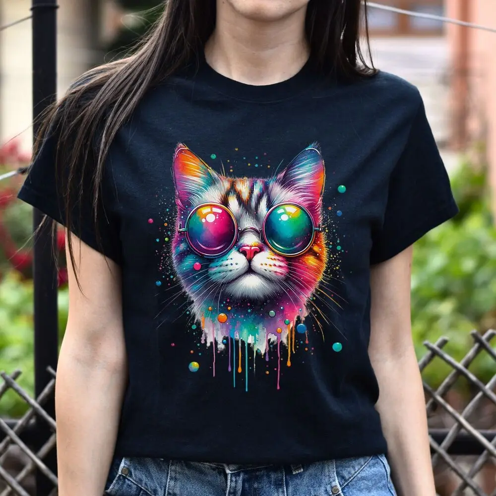 Cat with colorful eyeglasses Color Splash Unisex T-shirt  Black Navy Dark Heathe High Quality 100%Cotton Short Sleeve