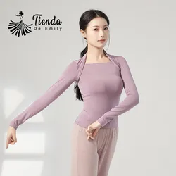 Womens Long Sleeve Workout Tops Ballet Classical Dance Yoga Atheltic Shirt Slim Fitted Modal Tee Fake 2 Piece Square Neck Bolero
